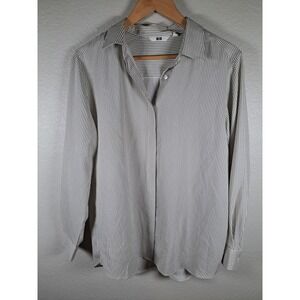 Uniqlo Rayon Striped Long Sleeve Blouse Gray White Button Down 231-479072 L